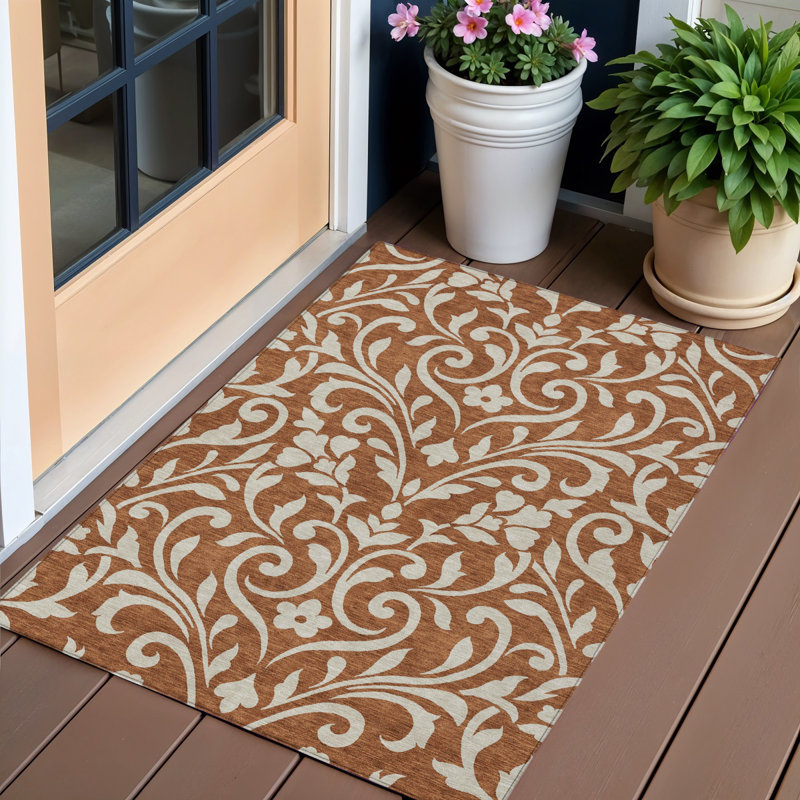 3' X 5' Brown And Beige Floral Washable Indoor Outdoor Area Rug