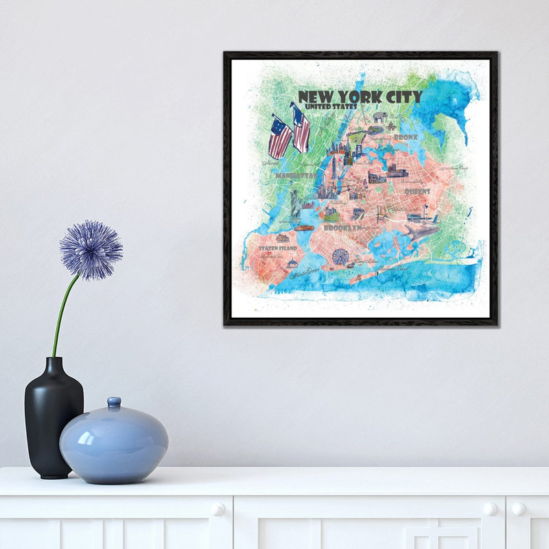 New York City USA Illustrated Map by Markus & Martina Bleichner - Painting on Canvas, 45.72cm H x 45.72cm W x 3.81cm D
