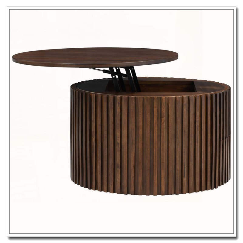 Table basse ronde à plateau relevable avec motif cannelé, Brown