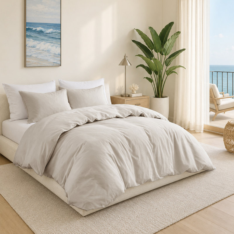 Ensemble de housse de couette réversible 100% lin Boseman, Beige, Housse de couette grand et 2 taies d'oreiller stan