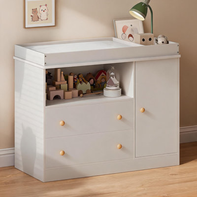 Nursery Baby Changing Table Dresser - Safety Rails - 2 Drawers, Cabinet & Open Shelf Storage - Diaper Changing Station for Nursery - White