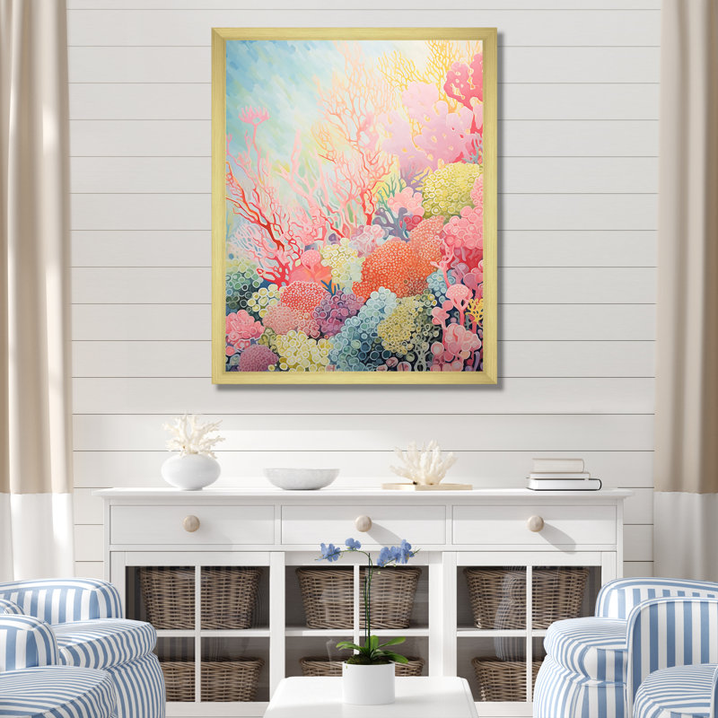 «Coral Reef Barrier Expression V», reproduction sur toile, Cadre doré simple, H 32 po x l 16 po x P 1 po