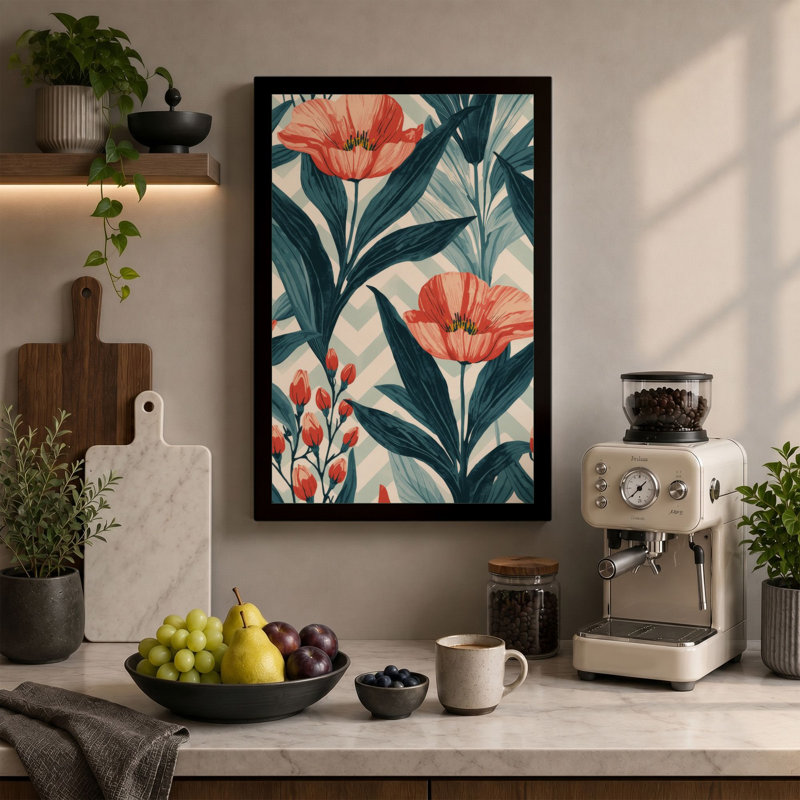 Coral Carnations Garden Botanical - Wrapped Canvas, 24x16 - 61.0 x 40.6 cm, Cream Border