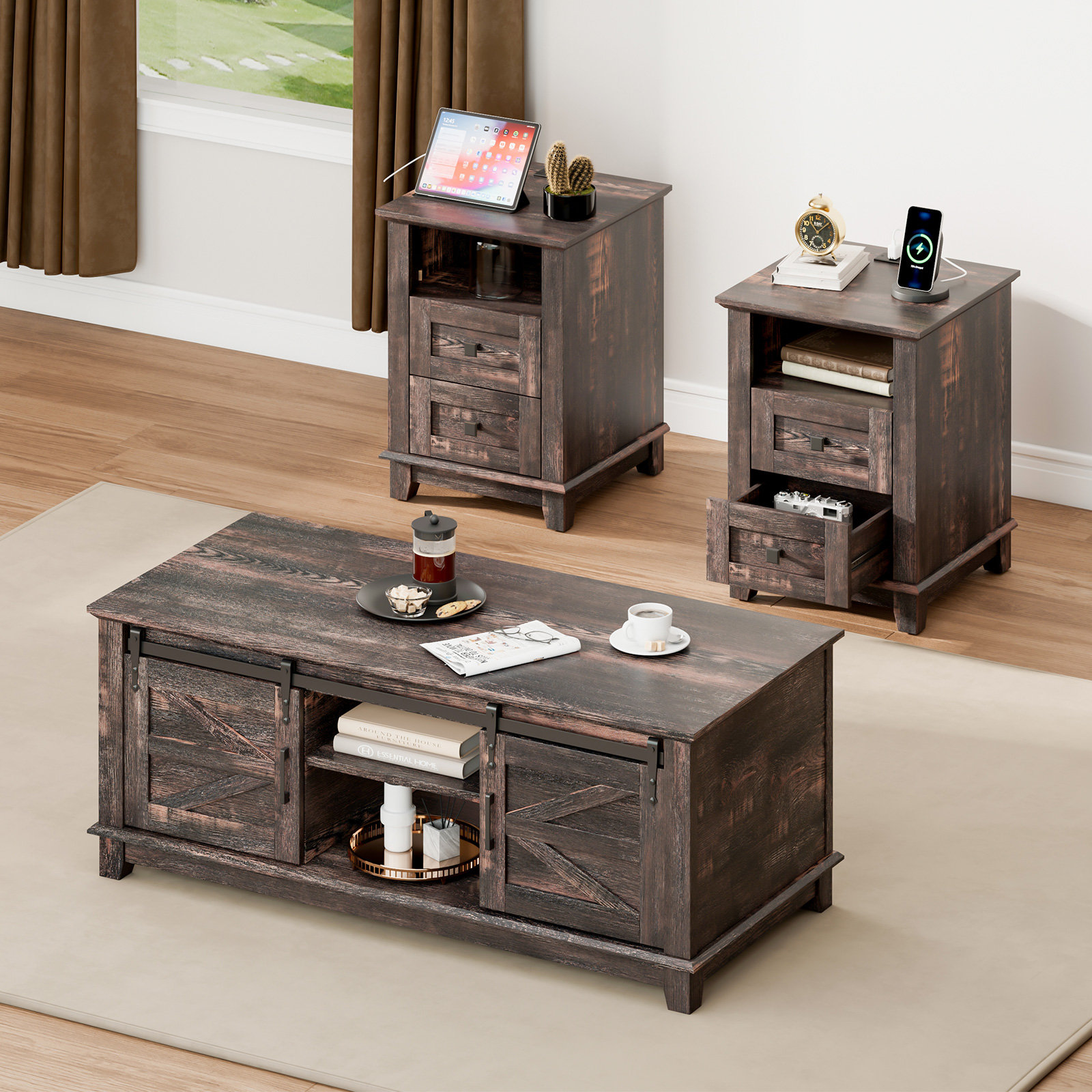 Gracie Oaks 3 - Piece Living Room Table Set, Coffee Table with Sliding ...
