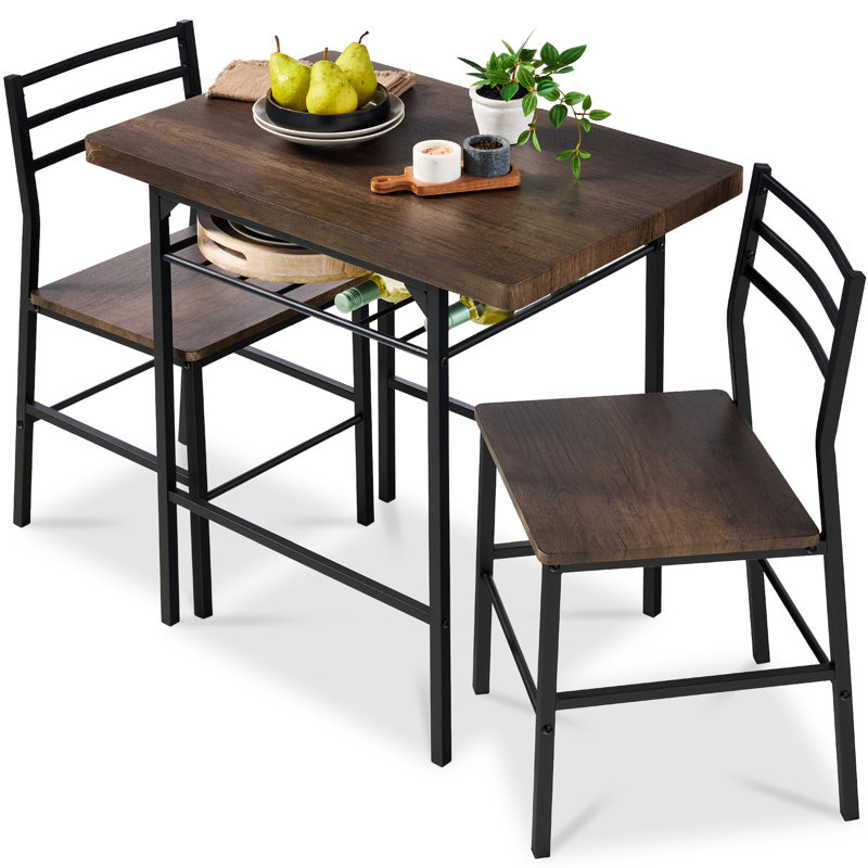 3-Piece Modern Dining Set, Square Table & Chairs Set W/ Steel Frame, Storage Rack, Dark Brown, Black, Dark Brown/Black