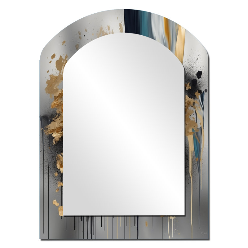 Abstract Shapes And Infinity Lines IV - Abstract Shapes Irregular Shape Mirror, Gold Asymmetrical Unique Wall Mirror, Printed Metal Art