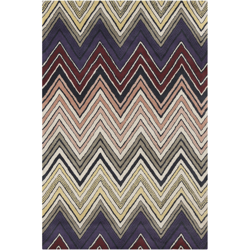 Tapis en laine touffeté à la main mauve, jaune, bourgogne, corail clair, gris, noir et crème Millwood Authentic