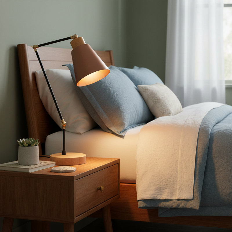 Lampe de bureau réglable en métal 21 po avec base en bois naturel Aurelius, Cuivre