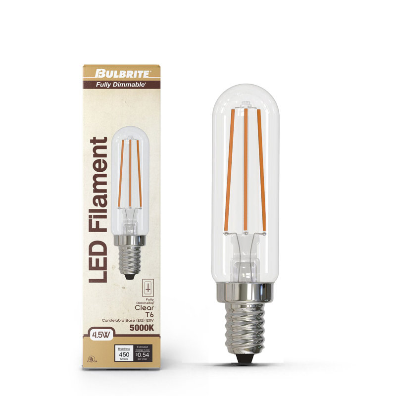 Ampoule T6 4,5 W à intensité variable avec finition en verre transparent et base candélabre (E12), 5000