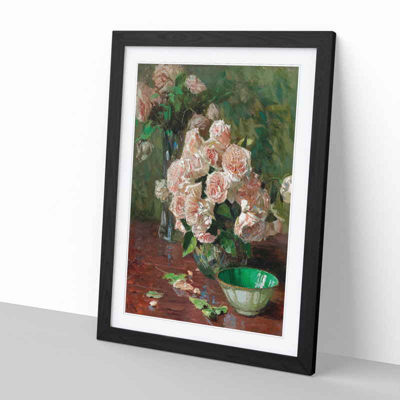 White Roses by Carl Moll - Picture Frame Painting, 48cm H x 36cm W x 2cm D, Black Framed