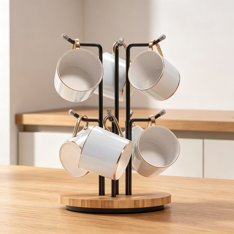 Porte-tasse à café rotatif à 360 degrés avec 6 crochets, support pour grandes tasses, comptoir de cuisine peu encombrant avec base en bois stable