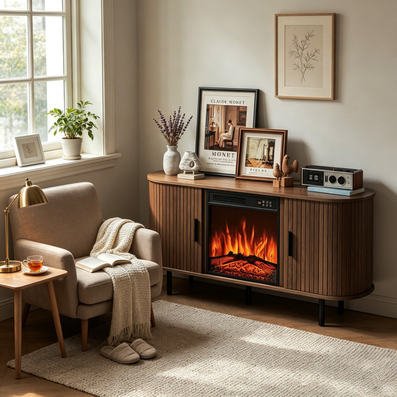 Meuble télé 55 po en forme de noyer cannelé avec foyer électrique de 18 po, console multimédia moderne Mid-Century pour téléviseur de 65 po ou moins, riche meuble en grain de bois brun avec portes coulissantes