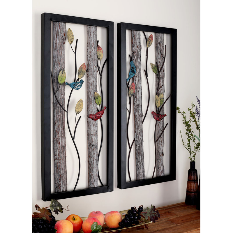 Black Metal Bird Wall Decor with Multicolored Leaves and Wood Detailing, Set of 2