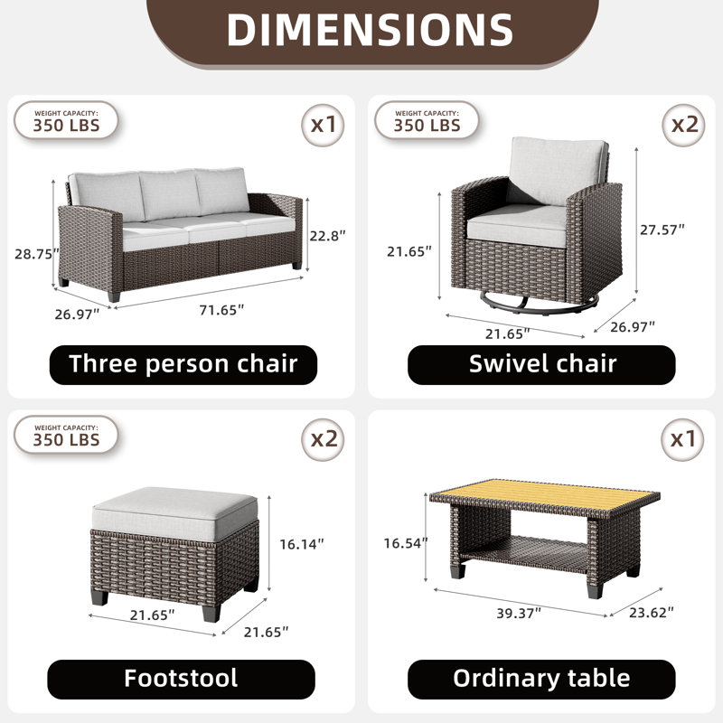 6 Pieces Patio Furniture Set, Outdoor Wicker Sofa Couch With Swivel Chairs 40" Coffee Table, High Back Modern All Weather Conversation Sets Light Gray