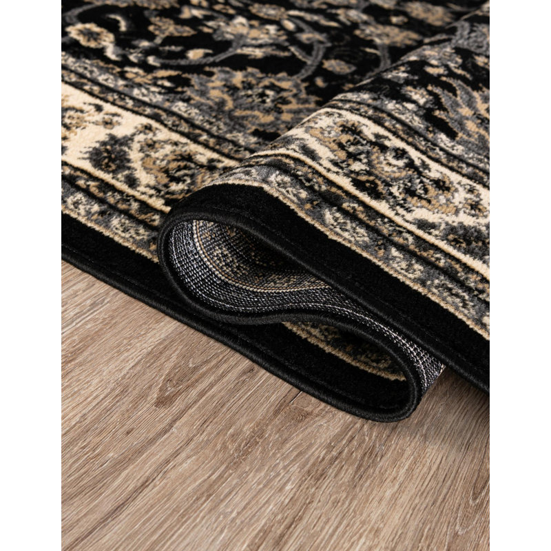 Tapis noir à motif floral Hanan, Black, Rectangle 3'1" x 5'3"