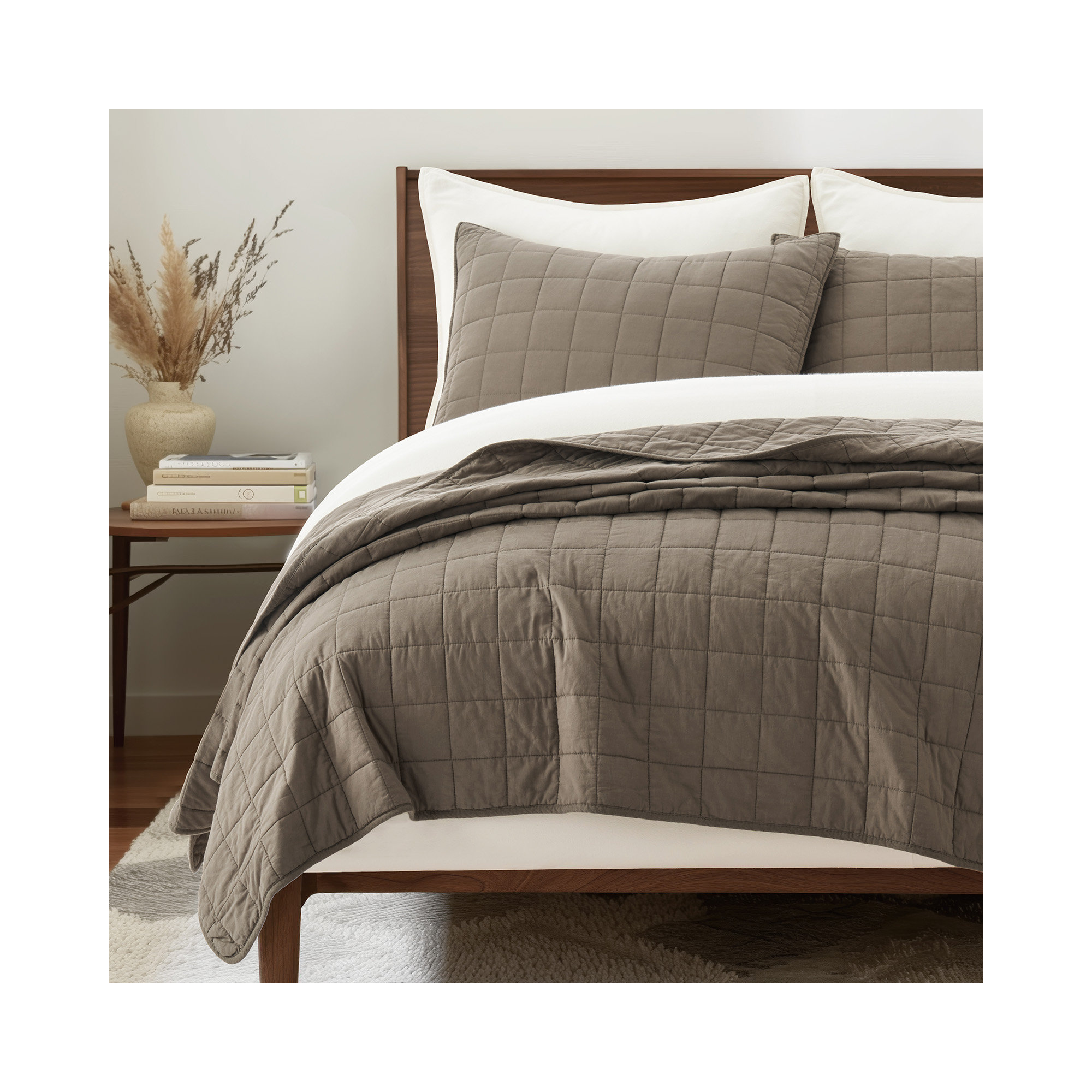 100% Cotton Box Stitch Quilt Set, Mocha Brown, Queen Quilt + 2 Queen Shams