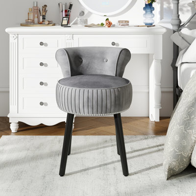 Fauteuil de coiffeuse en velours avec dossier bas capitonné et pieds en bois massif pour chambre gris