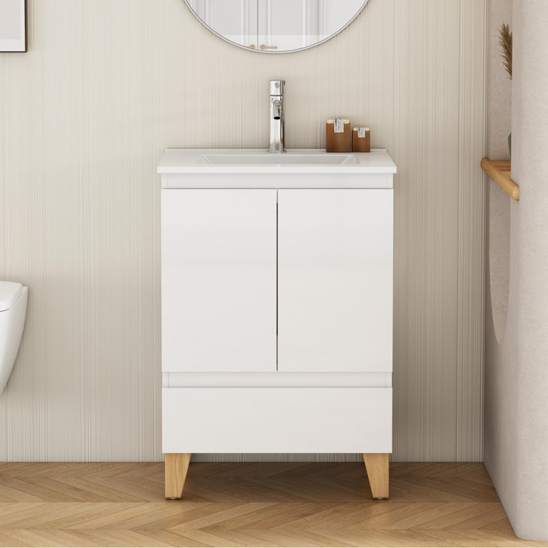Ensemble de meuble-lavabo moderne 24 po avec lavabo, meuble-lavabo avec 2 portes et 1 tiroir, système anti-égratignures, conception sans poignée, pieds en bois massif naturel, lavabo en céramique, assemblage facile, blanc brillant