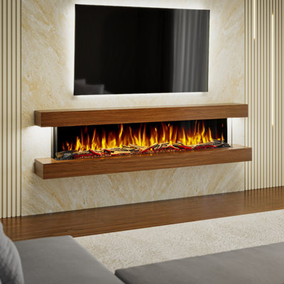 Studio 7 | Oak or Walnut | 84-inch Wall Mounted Electric Fireplace | Fully Assembled | 3-sided Panoramic Flame | Remote Control | Led Side Lights