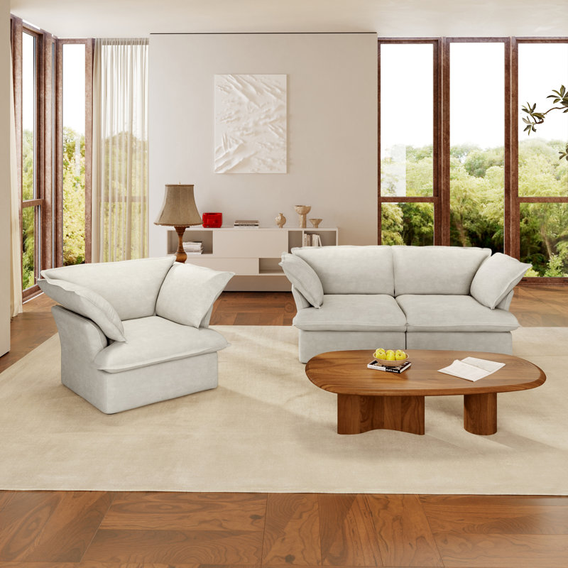 Ensemble de salon modulaire 2 pièces avec canapé à housse modulaire, Mélange de lin de couleur naturelle, Beige