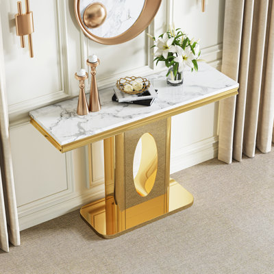 Modern Rectangular Faux Marble Console Table, 46.85" Luxury Mirrored Stainless Steel Round Hollow Base
