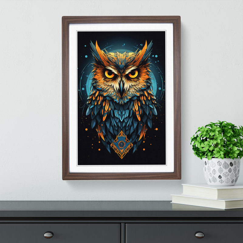 Owl Geometric No.3 - Single Picture Frame Print on Wood, 34cm H x 25cm W x 2cm D, Walnut