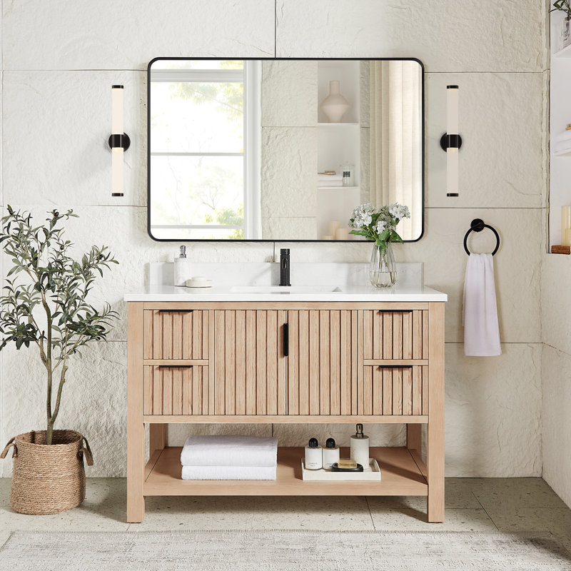 Meuble-lavabo simple 48 po avec plateau en pierre composite Chace, Chêne naturel vieilli / noir mat