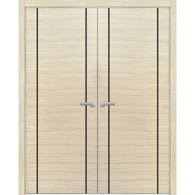 Portes doubles françaises massives Planum 0017, placage de bois naturel, cadre et moulures, portes robustes pour placard ou chambre à coucher, 60 po x 84 po (2 x 30 x 84 po)