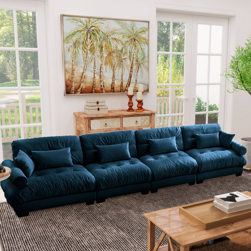 Canapé modulaire surdimensionné en velours, 4, H 33,4 po x l 166 po x P 37 po, Bleu