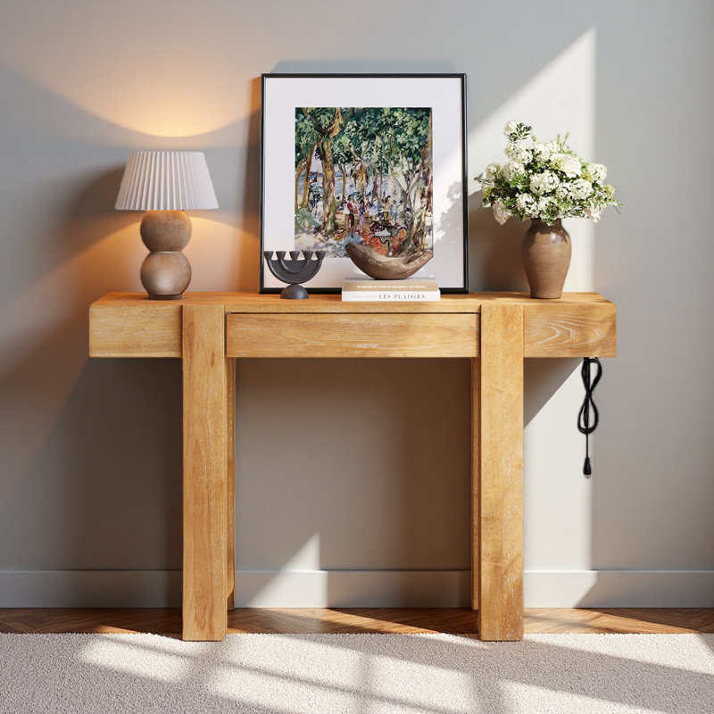 Console rustique minimaliste avec tiroir caché, prise de courant latérale, table d'entrée en bois pour les entrées, les salons et les bureaux à domicile