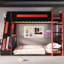 Lit superposé double en bois avec bureau, deux tablettes de rangement, charge USB et lumière DEL, noir et rouge-668938391-668938377