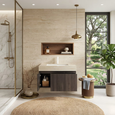 Meuble-lavabo flottant 30/36/48 po avec plateau en pierre frittée Roma Travertine, armoire en contreplaqué avec tiroir 3D texturé et porte à fermeture en douceur, espresso