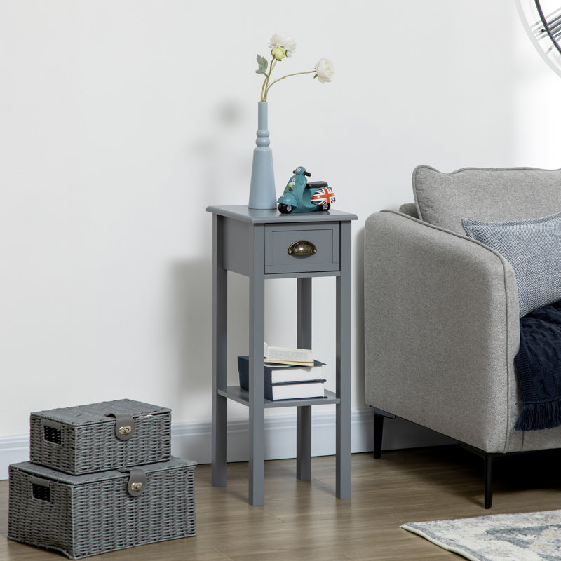Table d'appoint à 2 niveaux avec tiroir, table de bout étroite avec tablette inférieure, pour le salon ou la chambre à coucher, gris