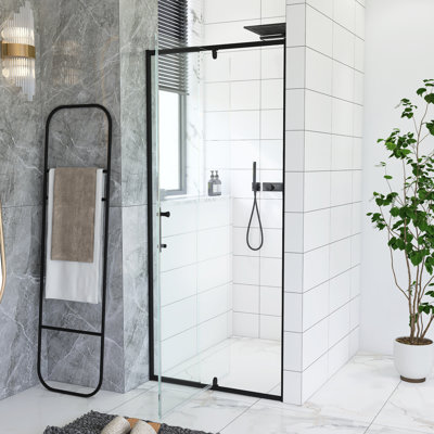 Porte de douche en verre battant de 28 à 32 po x H 72 po à finition noire mate, porte de douche coulissante à cadre pivotant avec verre trempé clair de 1/4 po d'épaisseur, installation réversible