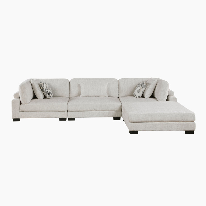 Brinsley 135" Modern Modular Sectional with Microfiber Fabric, Included Ottoman & 5 Pillows, Beige Microfiber