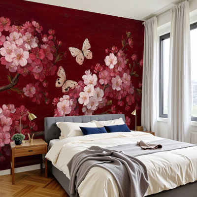 Chinoiserie Peel and Stick Wallpaper Chinoiserie Painting Pink White Flowers Butterflies Burgundy Wall Murals 100"H x 144"W Removable PVC Wall Paper Self-Adhesive Wall Decor for Bedroom Living Room