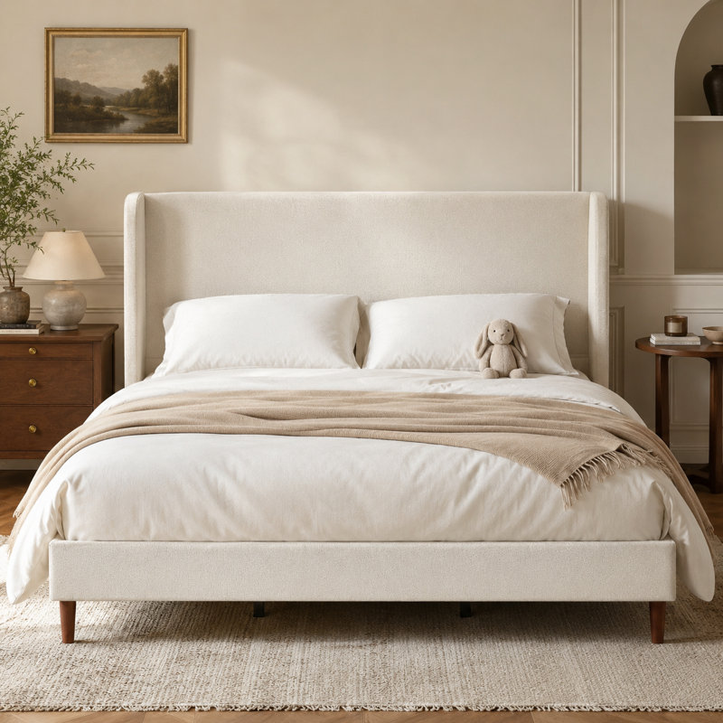 Lit plateforme tapissier très grand en chenille Peery avec 12 lattes en bois et pieds en bois massif, Très grand lit, Beige