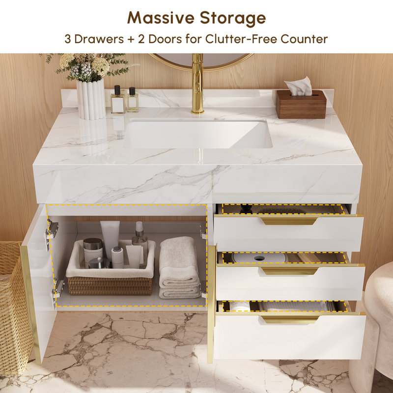 Aro Series Bathroom Vanity Set 35.4" Floating Stone Bathroom Vanity With Sink, White