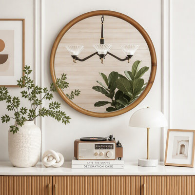 Round Wood Framed Wall Mirror