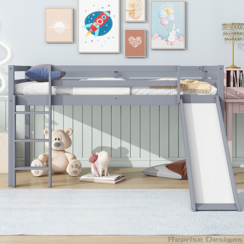 Lit simple mezzanine bas avec glissière, échelle et garde-corps de sécurité, Gris