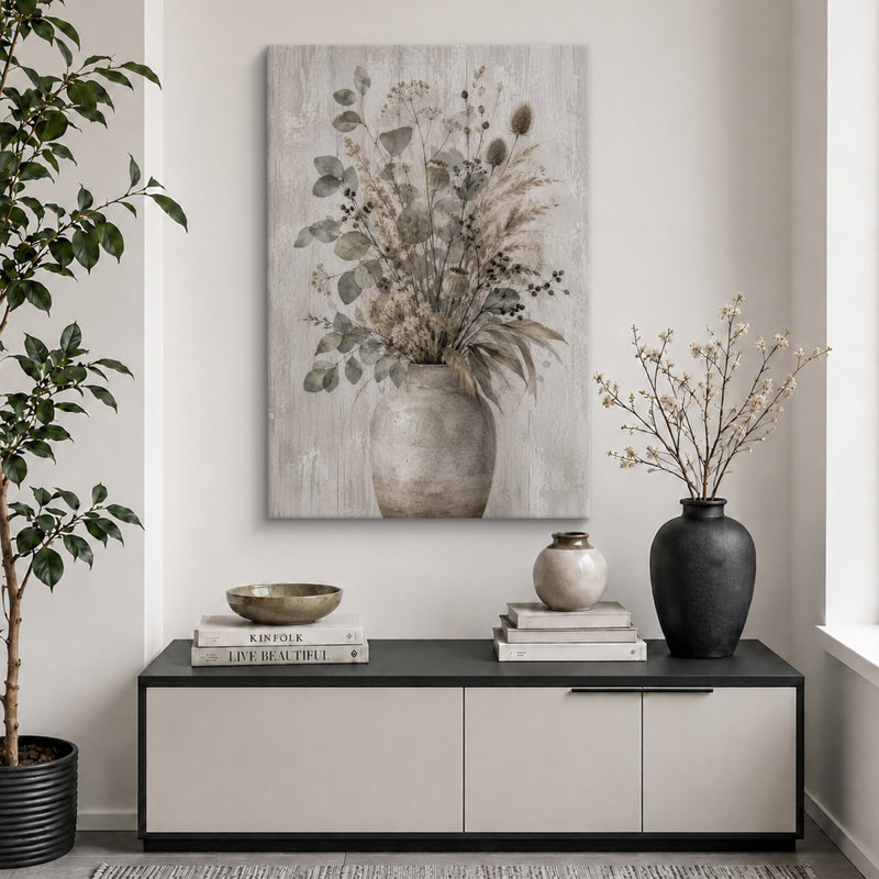 «Neutral Botanical Vase Arrangement», images de salon, impression sur toile encadrée, H 48 po x l 32 po x P 1,5 po