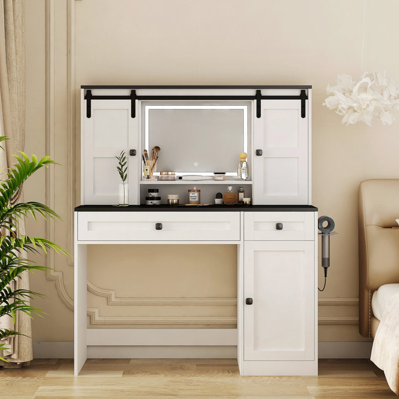 Coiffeuse Farmhouse avec miroir lumineux et rangement