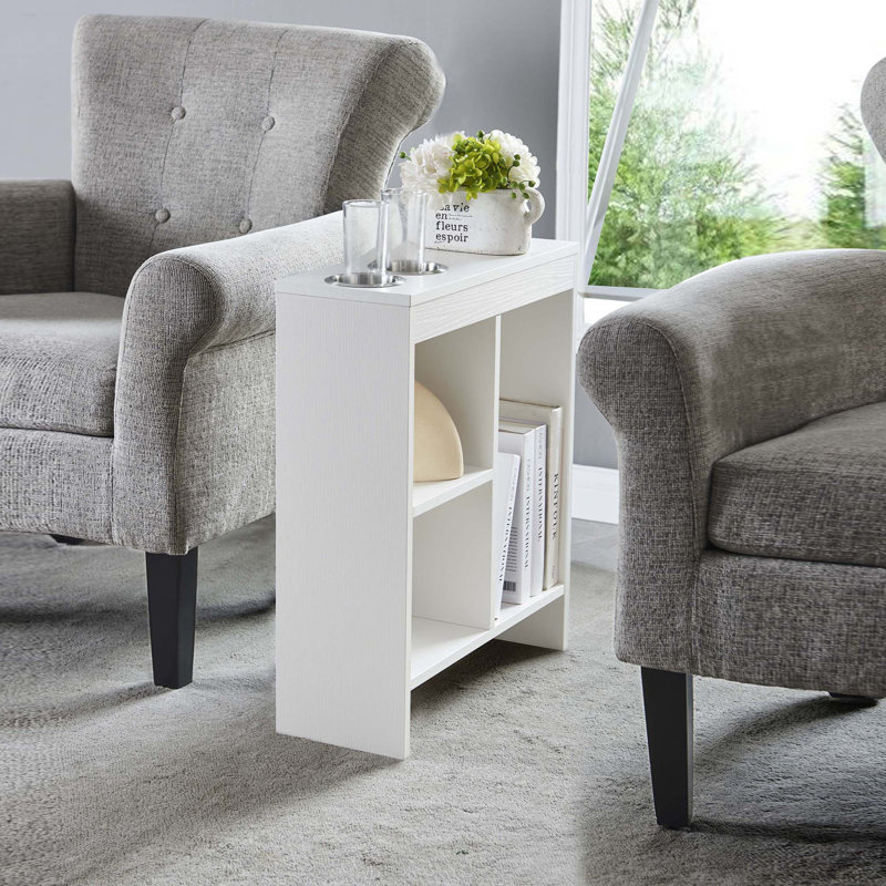 Narrow Side Table with 2 Cup Holders and 3 Shelves, Slim End Table for Small Spaces - White, White