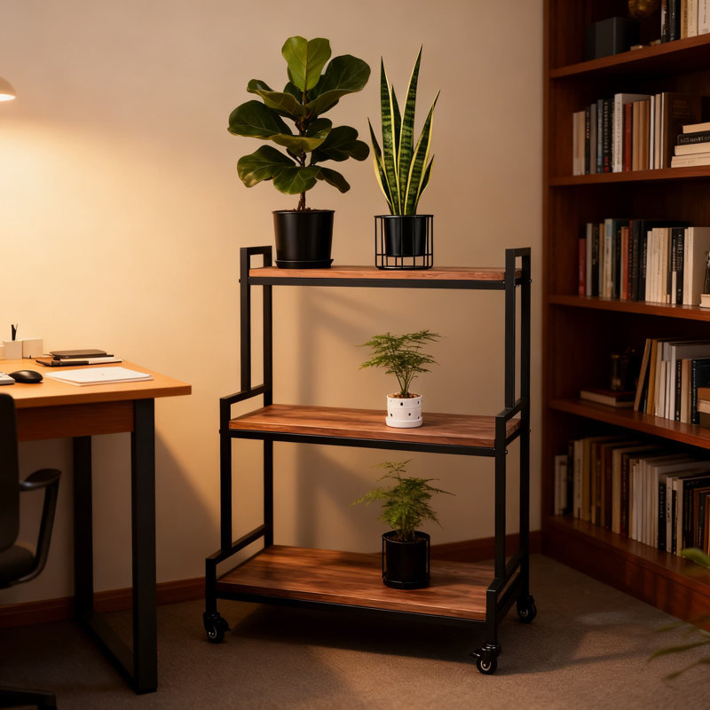 Support industriel à roulettes pour plantes avec roulettes, tablette à 3 niveaux en métal et bois massif pour l'intérieur et l'extérieur, échelle multi-niveaux pour plusieurs plantes