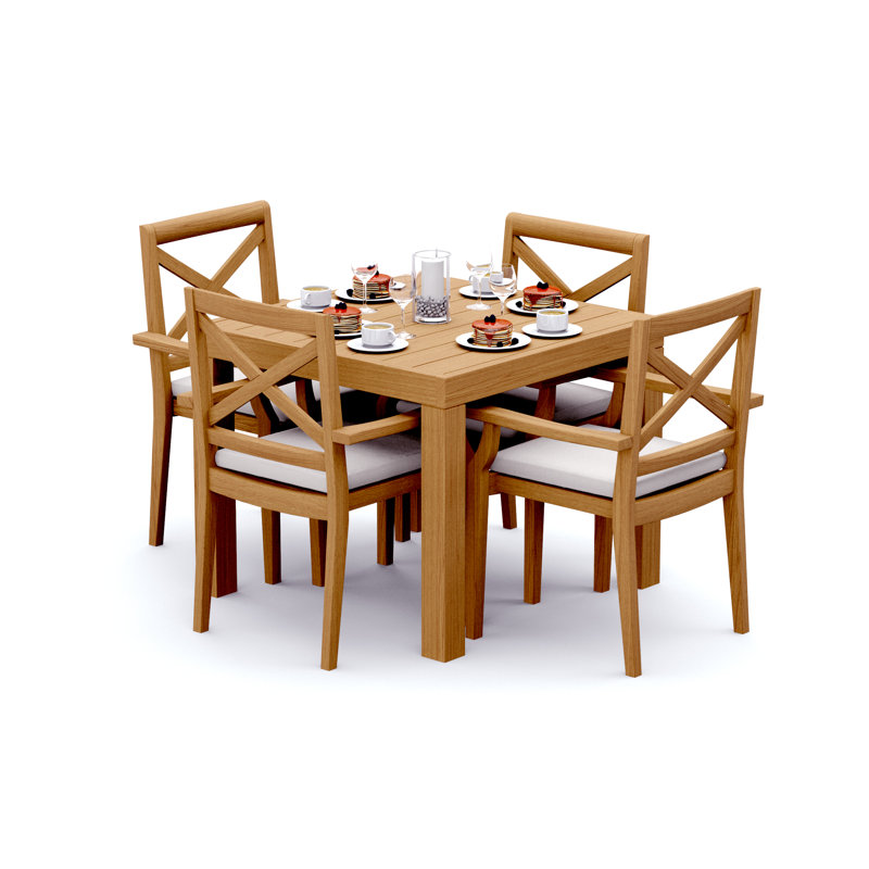 4 Seats 5 Pcs Grade-A Teak Wood Dining Set: 36" Square Table And 4 Granada Stacking Arm Chairs #11GR0804, 4