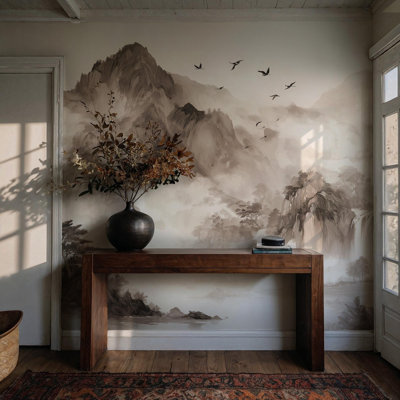 Papier peint mural effet montagne à l'encre de Chine | Paysage brumeux sépia | Intissé ou autocollant