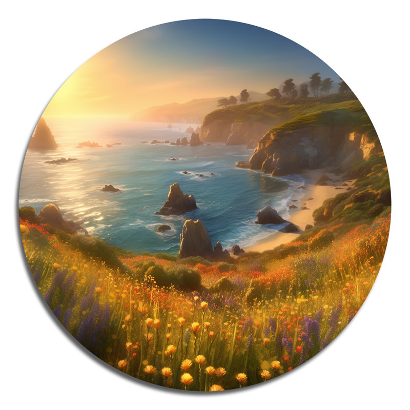 Seaside Paradise I - art mural rond en métal Modern Beach, H 16 po x l 16 po x P 1 po