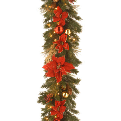 12'' in. Lighted Faux Poinsettia Garland