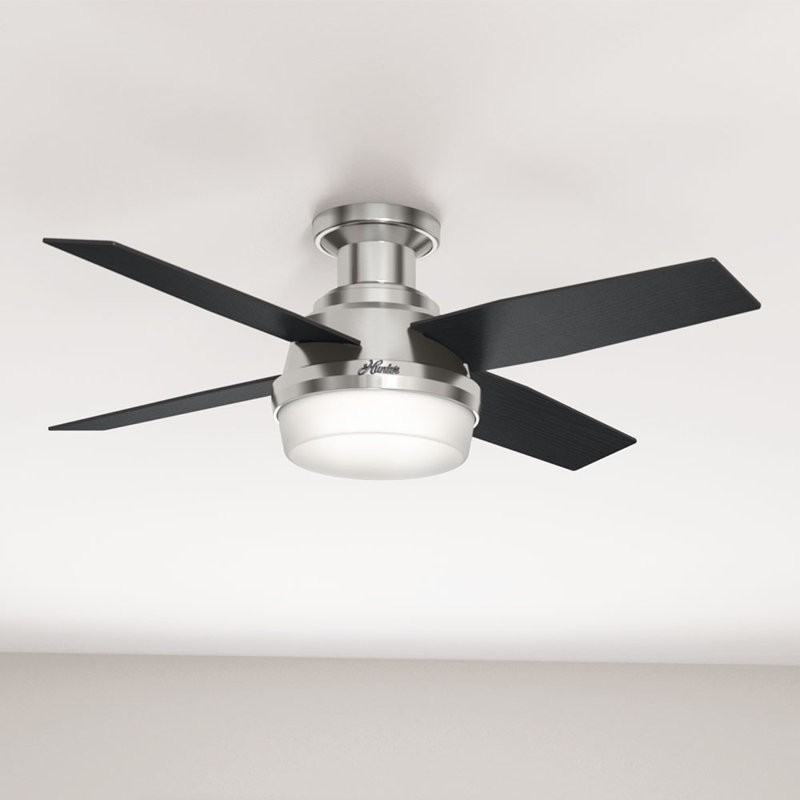 Dempsey Low Profile 44" 4 - Blade Indoor Flush Mount Small Room Ceiling Fan with Lights and Remote, Black/Chocolate Oak