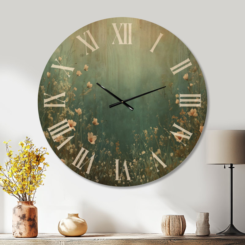 Très grande horloge murale en bois botanique - champ de printemps bleu sarcelle, Oversized